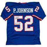 Camiseta de fútbol azul de Nueva York autografiada/firmada por Pepper Johnson 2x SB Champ Beckett BAS COA