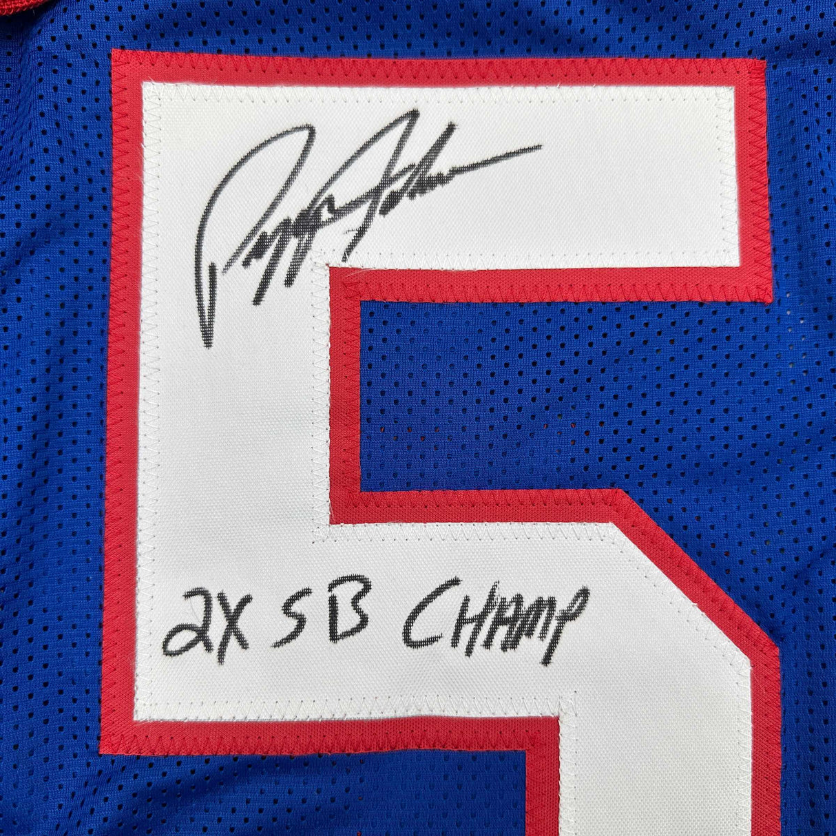 Camiseta de fútbol azul de Nueva York autografiada/firmada por Pepper Johnson 2x SB Champ Beckett BAS COA