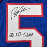 Camiseta de fútbol azul de Nueva York autografiada/firmada por Pepper Johnson 2x SB Champ Beckett BAS COA