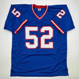 Camiseta de fútbol azul de Nueva York autografiada/firmada por Pepper Johnson 2x SB Champ Beckett BAS COA