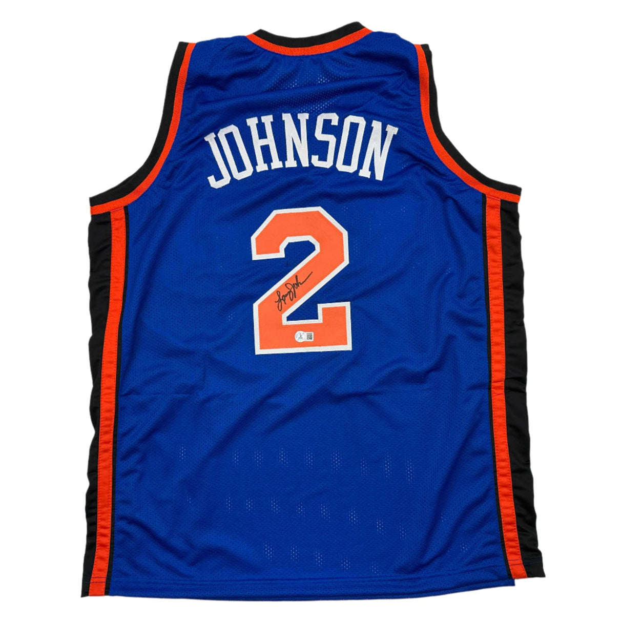 Camiseta de baloncesto azul de Nueva York autografiada/firmada por Larry Johnson Beckett BAS COA