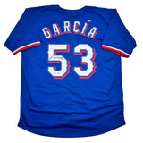 Camiseta de béisbol azul Texas de Adolis García autografiada/firmada Beckett BAS COA