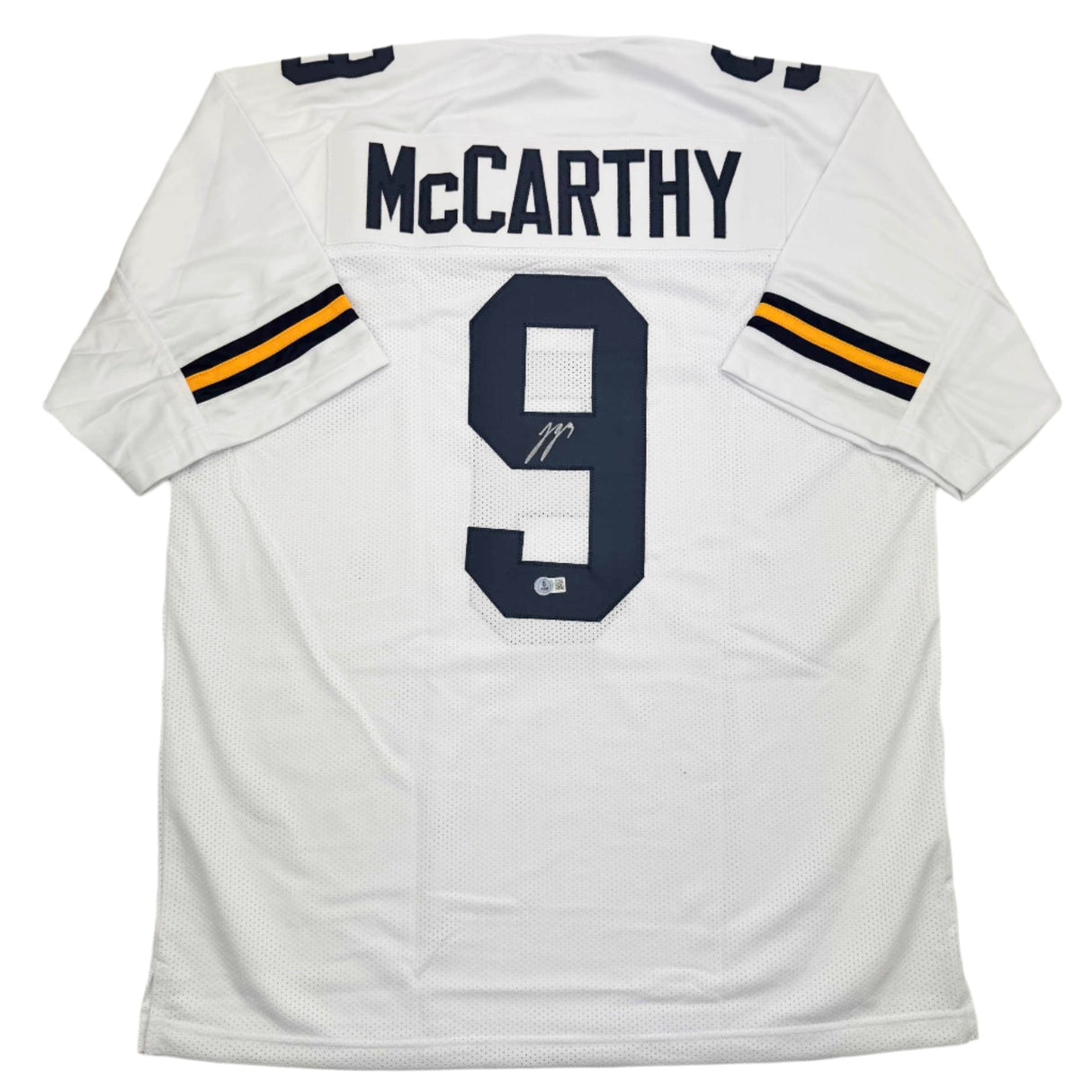 Camiseta de fútbol americano universitario autografiada/firmada por JJ McCarthy, de Michigan, color blanco, Beckett BAS COA