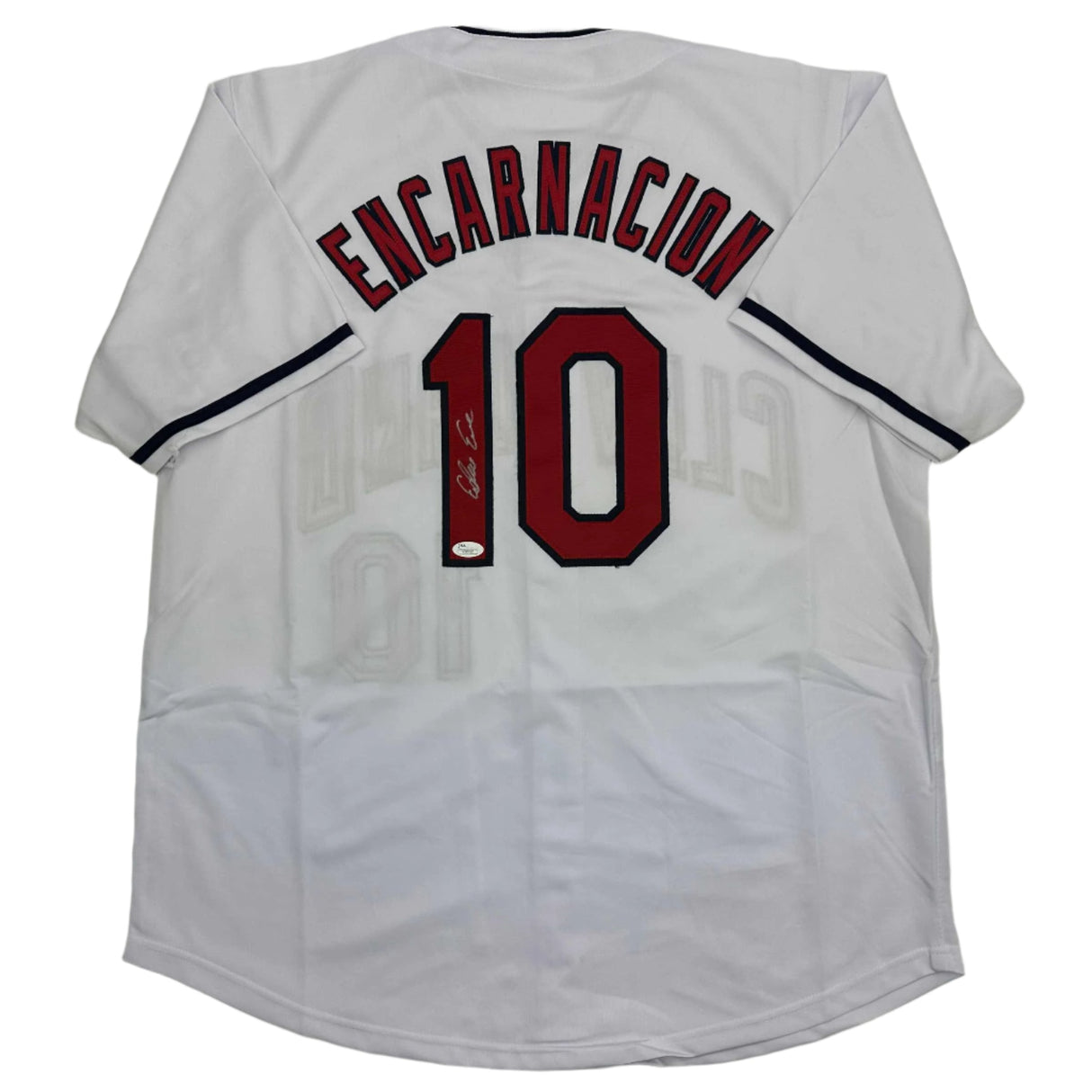 Camiseta de béisbol blanca de Cleveland autografiada/firmada por Edwin Encarnación JSA COA