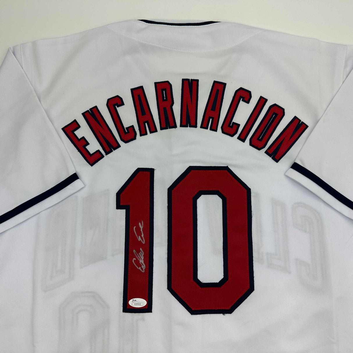 Camiseta de béisbol blanca de Cleveland autografiada/firmada por Edwin Encarnación JSA COA