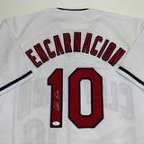 Camiseta de béisbol blanca de Cleveland autografiada/firmada por Edwin Encarnación JSA COA