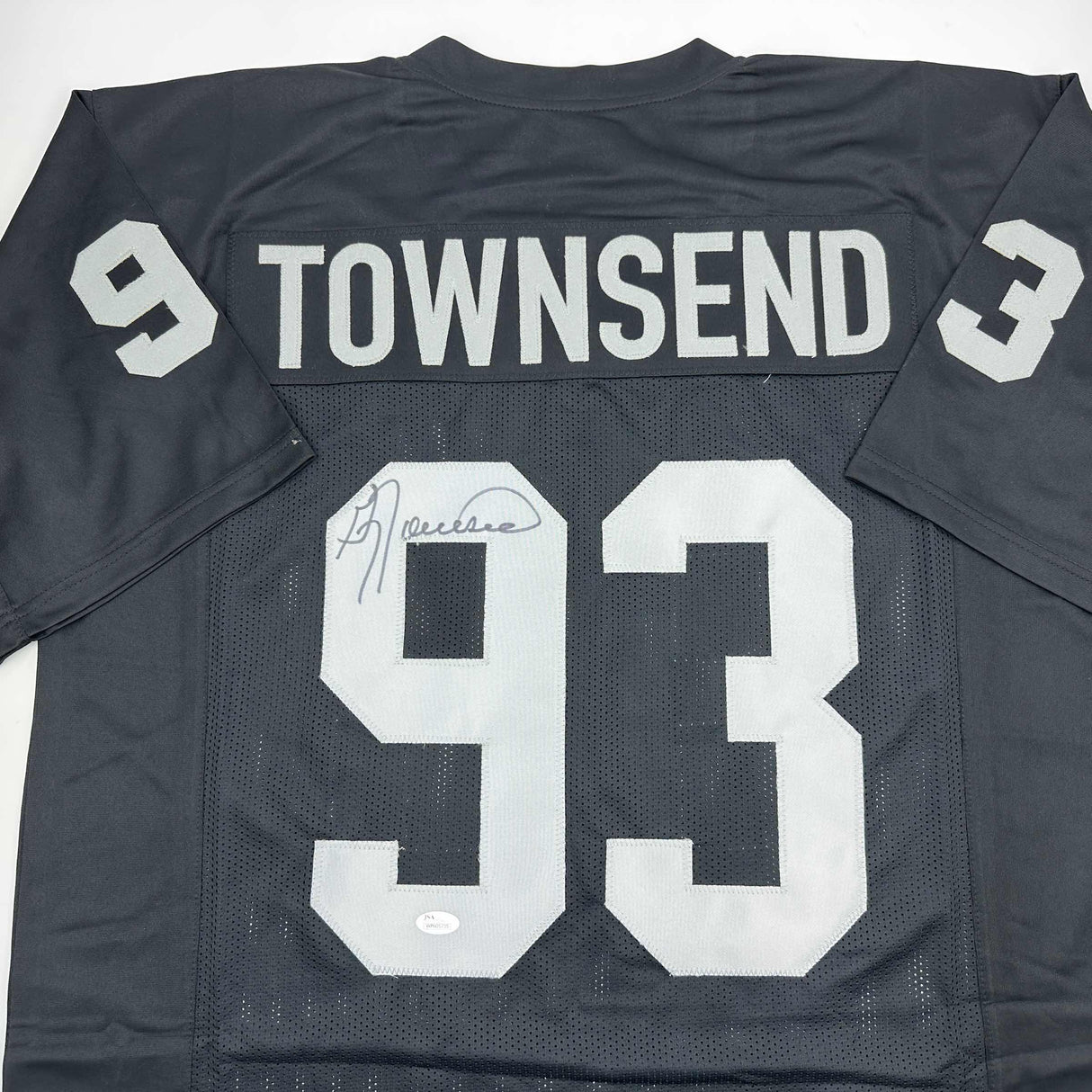 Camiseta de fútbol americano negra de Oakland autografiada y firmada por Greg Townsend (JSA COA)