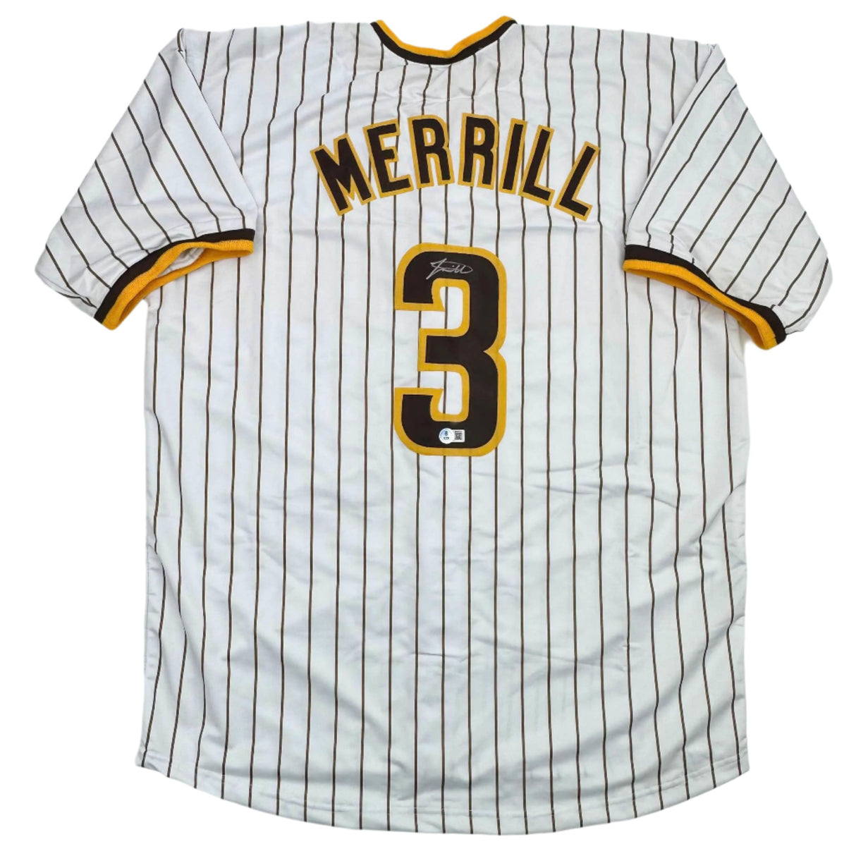 Camiseta de béisbol a rayas de Jackson Merrill San Diego autografiada/firmada Beckett BAS COA