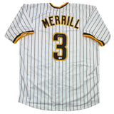 Camiseta de béisbol a rayas de Jackson Merrill San Diego autografiada/firmada Beckett BAS COA