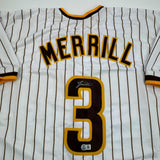 Camiseta de béisbol a rayas de Jackson Merrill San Diego autografiada/firmada Beckett BAS COA