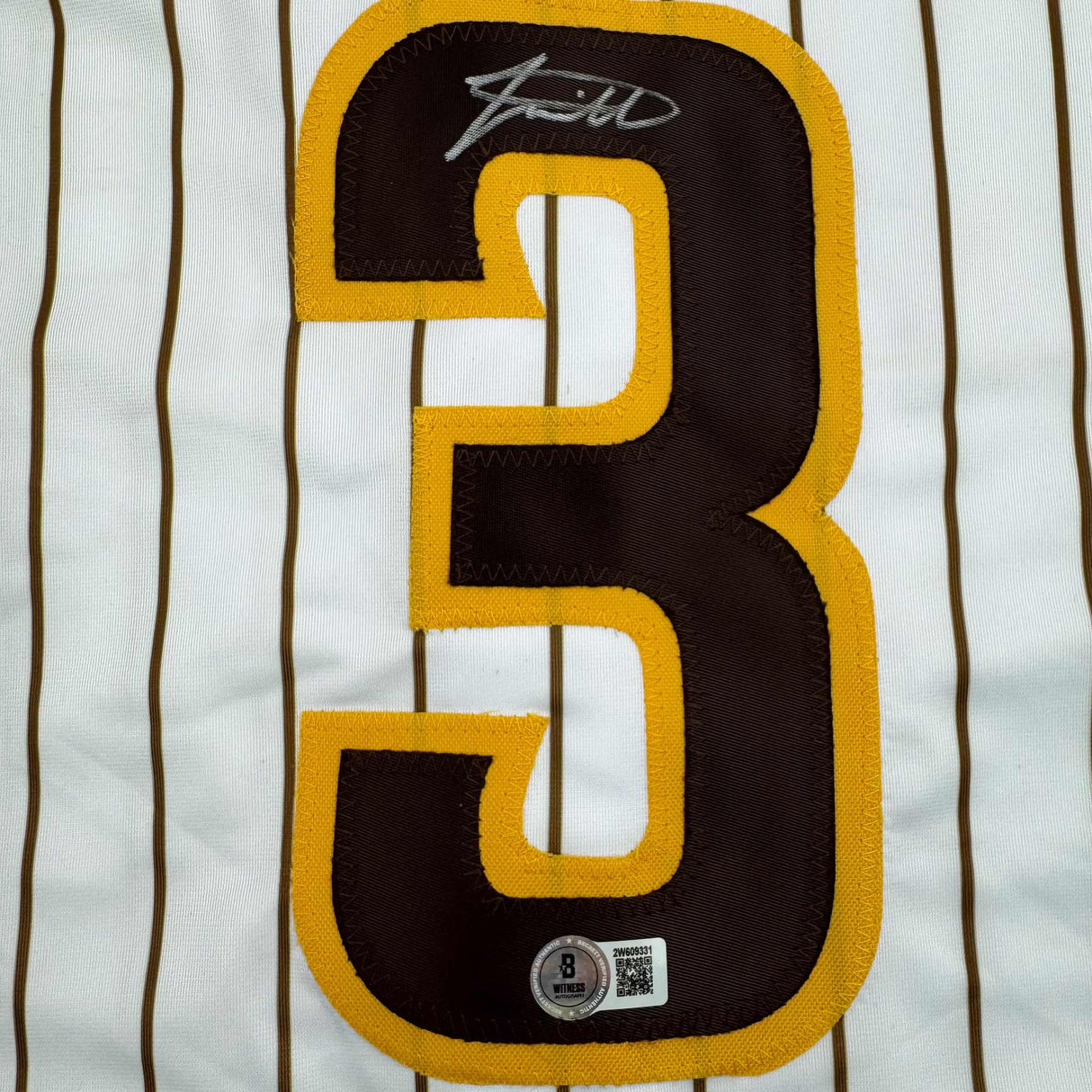 Camiseta de béisbol a rayas de Jackson Merrill San Diego autografiada/firmada Beckett BAS COA
