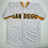 Camiseta de béisbol a rayas de Jackson Merrill San Diego autografiada/firmada Beckett BAS COA