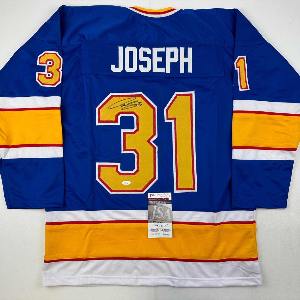Camiseta de hockey azul de St. Louis de Curtis Joseph autografiada y firmada por JSA COA