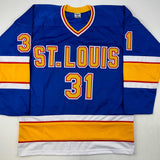 Camiseta de hockey azul de St. Louis de Curtis Joseph autografiada y firmada por JSA COA