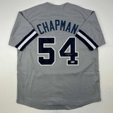 Autographed/Signed Aroldis Chapman New York Grey Baseball Jersey Beckett BAS COA