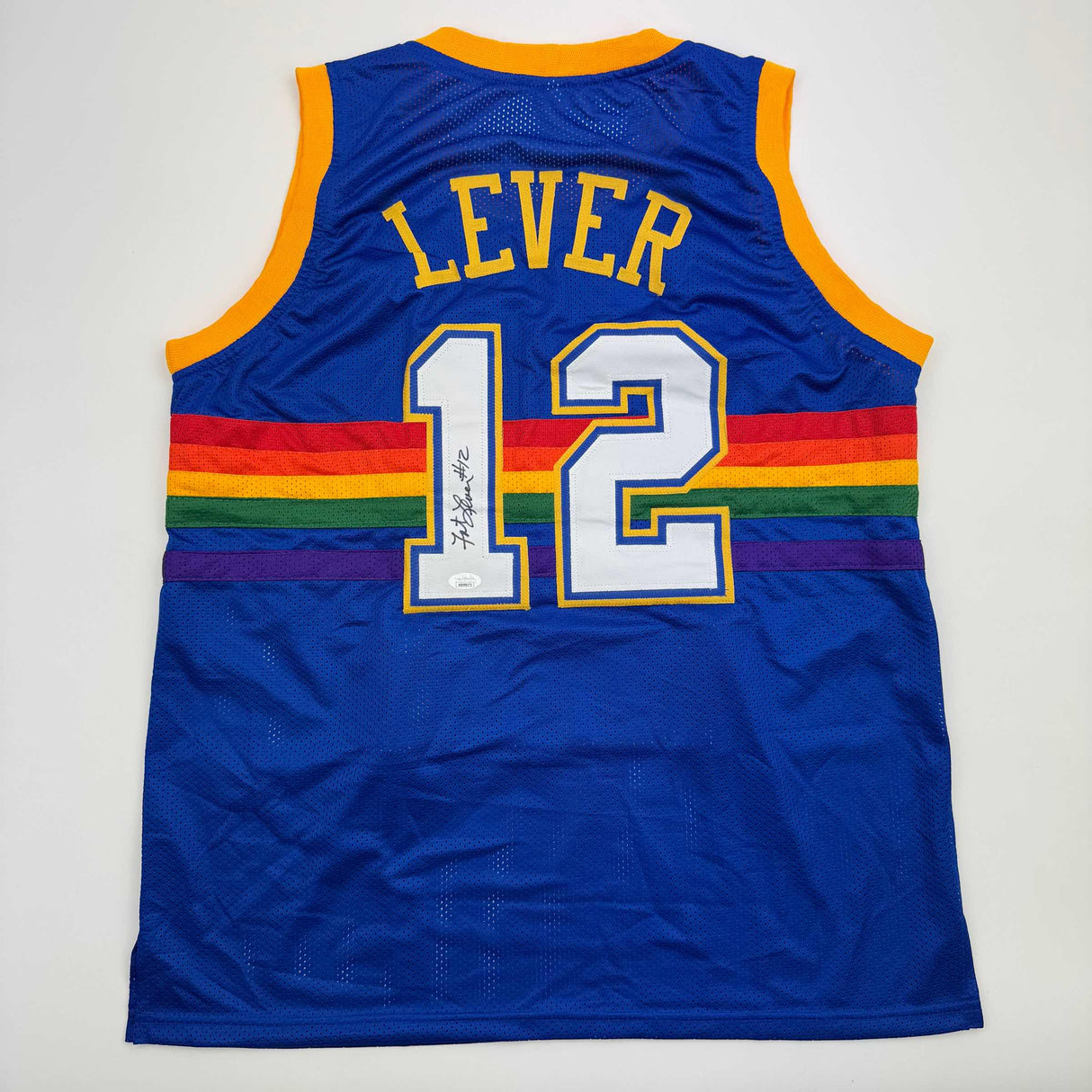 Camiseta de baloncesto retro azul arcoíris de Denver de Fat Lever autografiada/firmada JSA COA