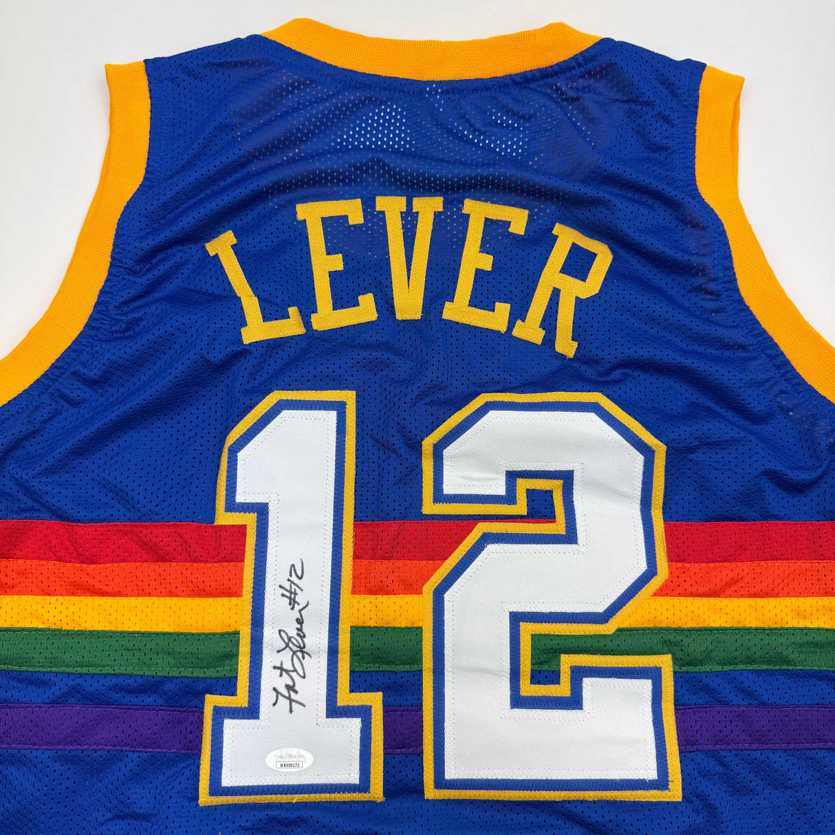 Camiseta de baloncesto retro azul arcoíris de Denver de Fat Lever autografiada/firmada JSA COA