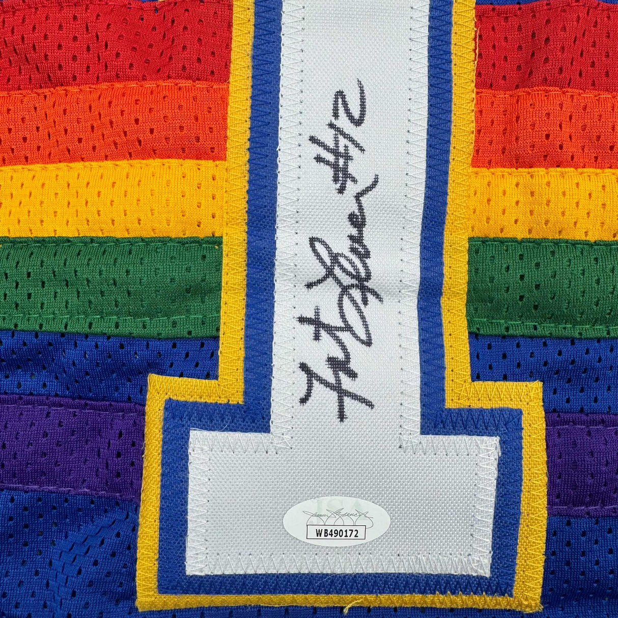 Camiseta de baloncesto retro azul arcoíris de Denver de Fat Lever autografiada/firmada JSA COA