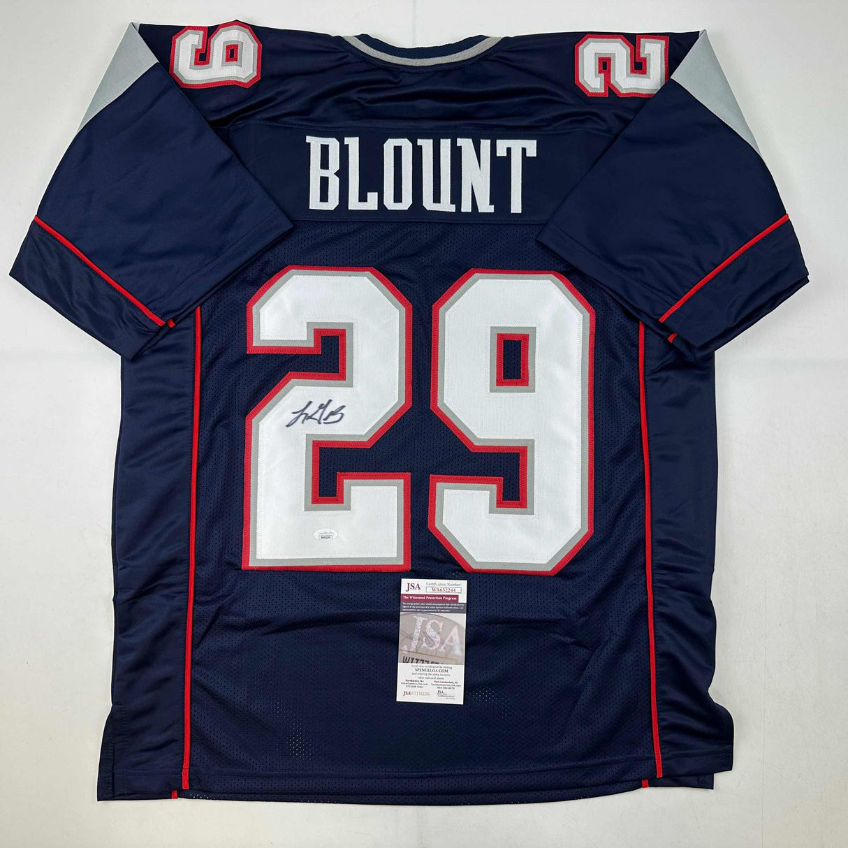 Camiseta de fútbol azul de Nueva Inglaterra autografiada/firmada por LeGarrette Blount (JSA COA)