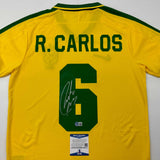 Camiseta de fútbol retro amarilla de Roberto Carlos, Brasil, autografiada y firmada por Beckett BAS COA