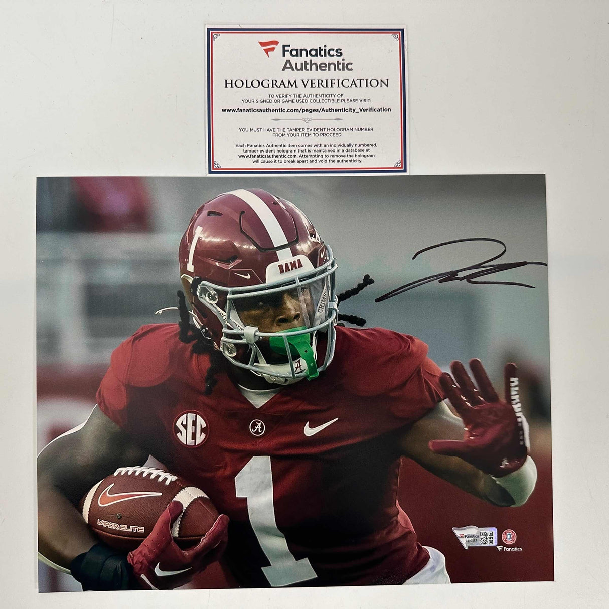 Foto de fútbol americano universitario autografiada/firmada por Jahmyr Gibbs, Alabama Crimson Tide, 8x10, Fanatics COA