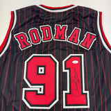 Autographed/Signed Dennis Rodman Chicago Pinstripe Basketball Jersey Beckett BAS COA