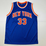 Autographed/Signed Patrick Ewing New York Blue Basketball Jersey Beckett BAS COA
