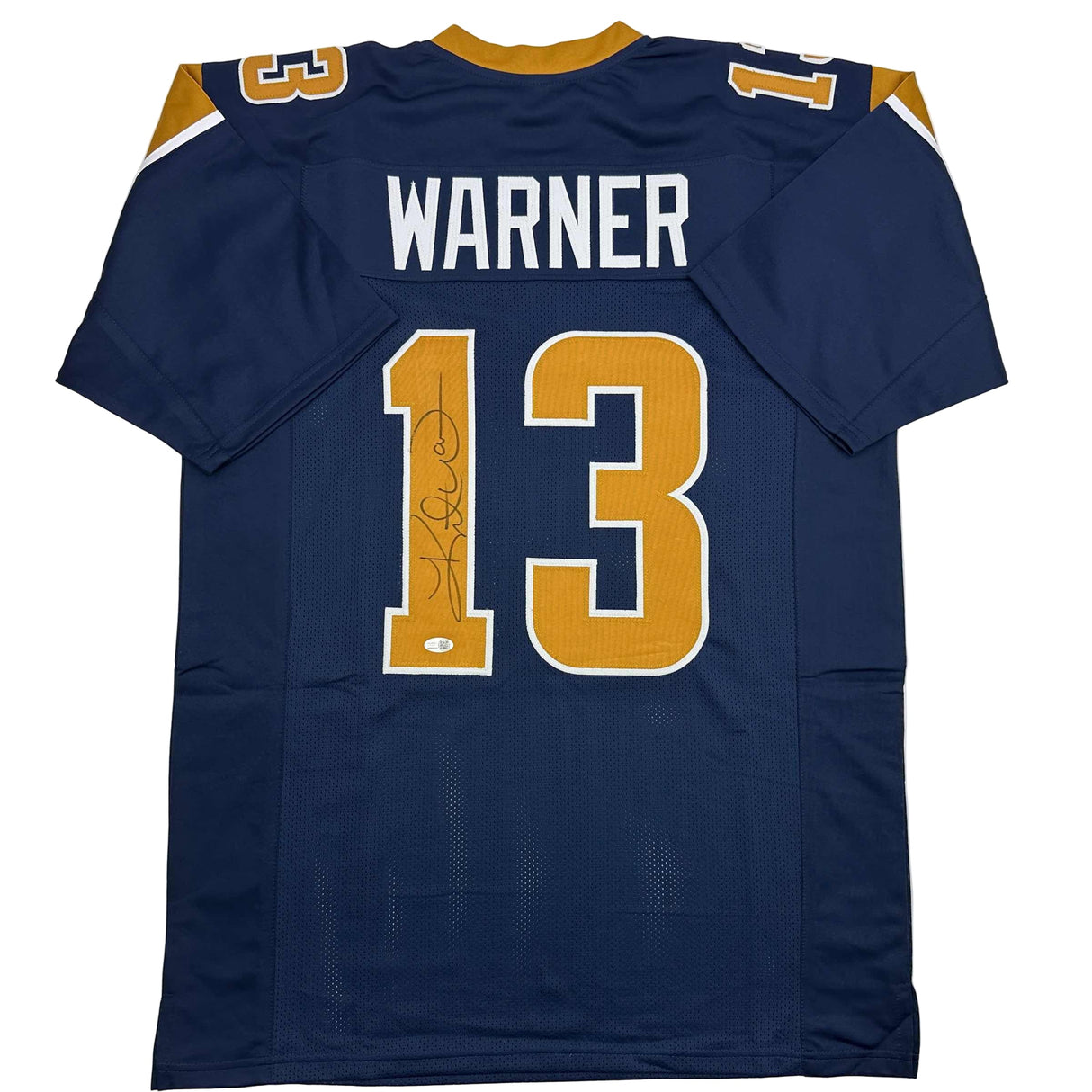 Camiseta de fútbol azul oscuro de St. Louis, autografiada y firmada por Kurt Warner (JSA COA)