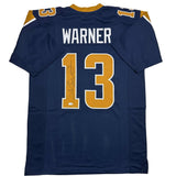 Camiseta de fútbol azul oscuro de St. Louis, autografiada y firmada por Kurt Warner (JSA COA)
