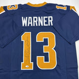 Camiseta de fútbol azul oscuro de St. Louis, autografiada y firmada por Kurt Warner (JSA COA)