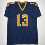 Camiseta de fútbol azul oscuro de St. Louis, autografiada y firmada por Kurt Warner (JSA COA)