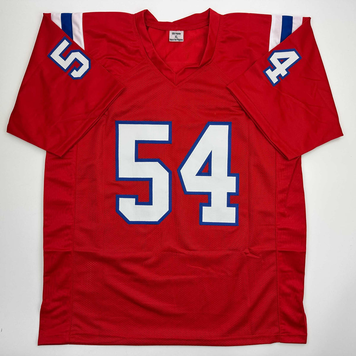 Camiseta de fútbol roja de Nueva Inglaterra autografiada/firmada por Tedy Bruschi Beckett BAS COA
