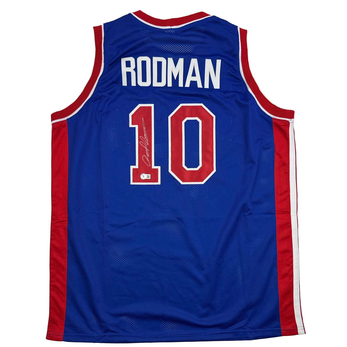 Camiseta de baloncesto azul de Detroit de Dennis Rodman autografiada/firmada Beckett BAS COA