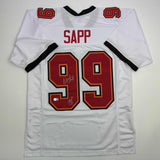 Camiseta de fútbol americano blanca de Tampa Bay autografiada/firmada por Warren Sapp, HOF 13, Beckett BAS COA