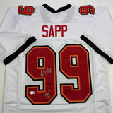 Camiseta de fútbol americano blanca de Tampa Bay autografiada/firmada por Warren Sapp, HOF 13, Beckett BAS COA