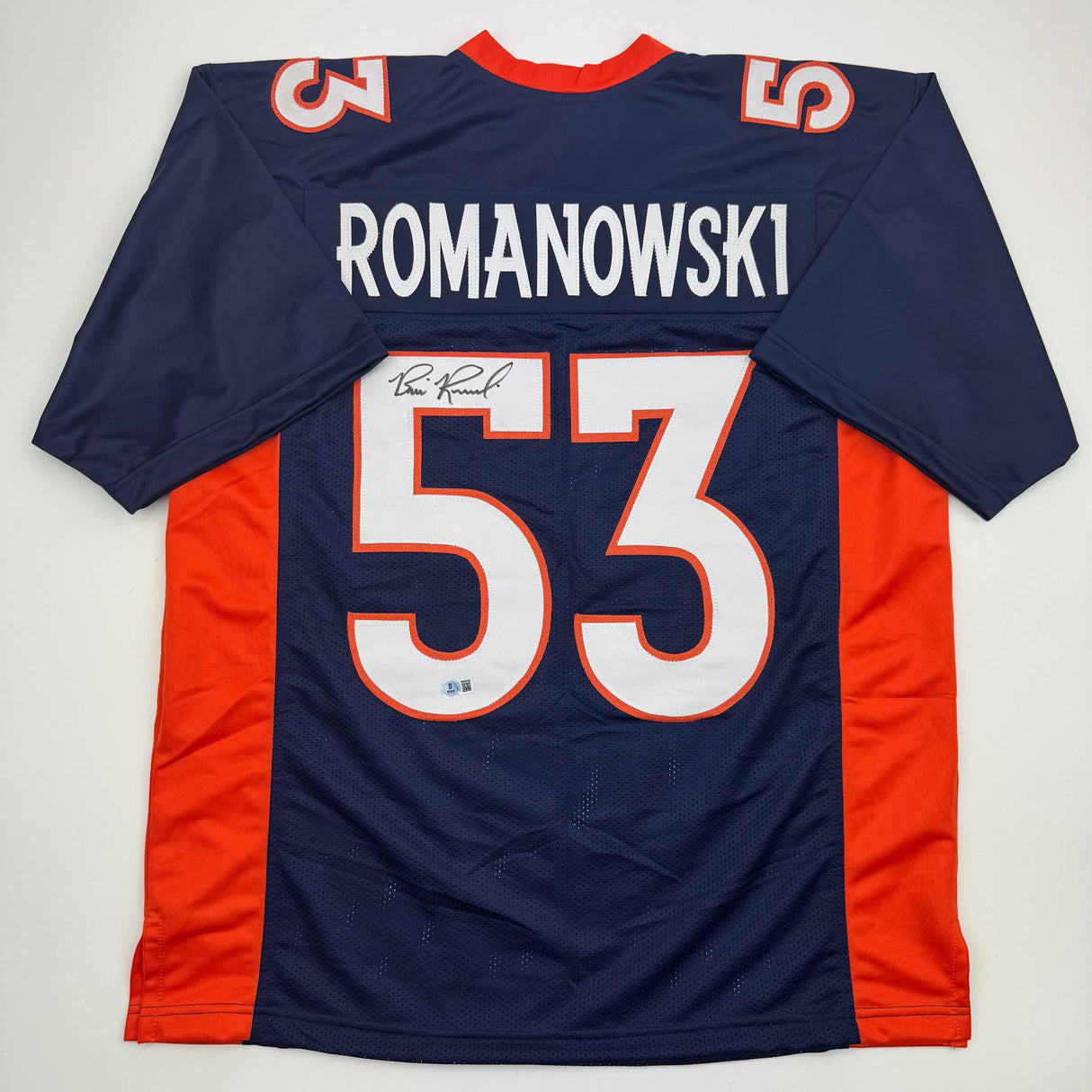 Camiseta de fútbol azul de Denver autografiada/firmada por Bill Romanowski Beckett BAS COA