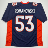 Camiseta de fútbol azul de Denver autografiada/firmada por Bill Romanowski Beckett BAS COA