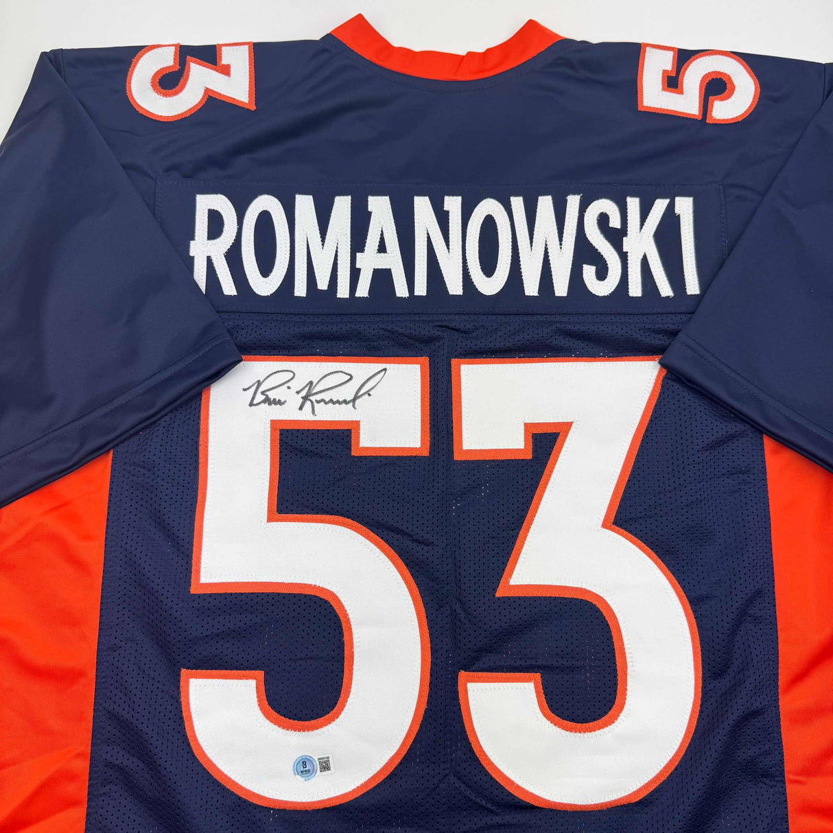 Camiseta de fútbol azul de Denver autografiada/firmada por Bill Romanowski Beckett BAS COA