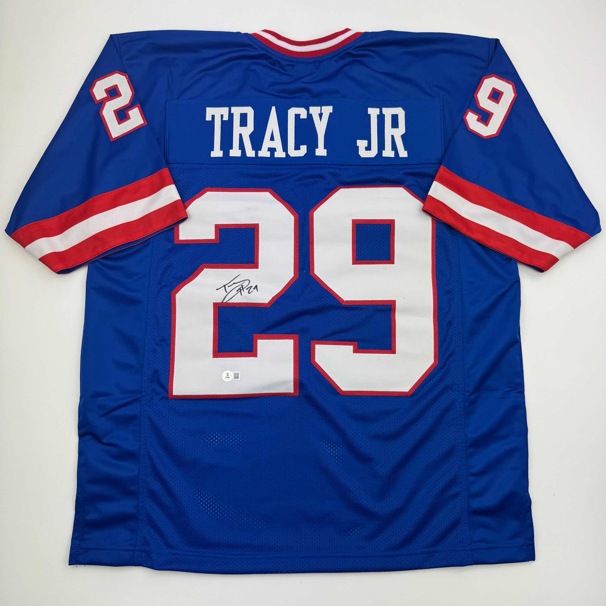 Camiseta de fútbol azul de Nueva York autografiada/firmada por Tyrone Tracy Jr. Beckett BAS COA #2