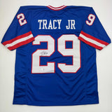 Camiseta de fútbol azul de Nueva York autografiada/firmada por Tyrone Tracy Jr. Beckett BAS COA #2