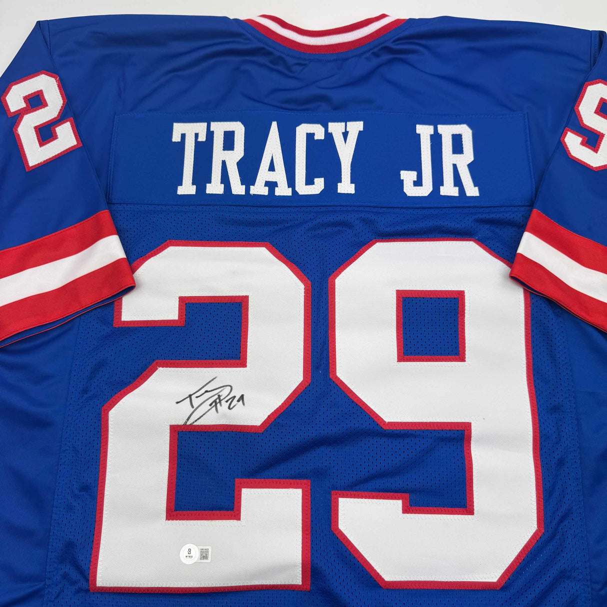 Camiseta de fútbol azul de Nueva York autografiada/firmada por Tyrone Tracy Jr. Beckett BAS COA #2