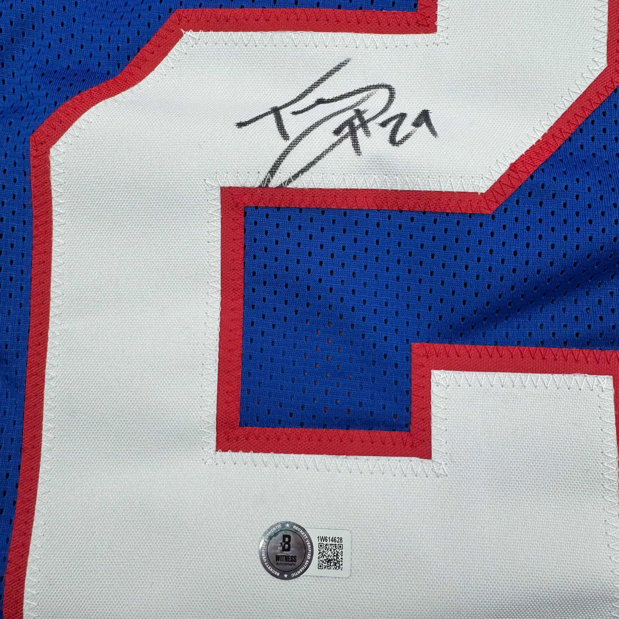 Camiseta de fútbol azul de Nueva York autografiada/firmada por Tyrone Tracy Jr. Beckett BAS COA #2