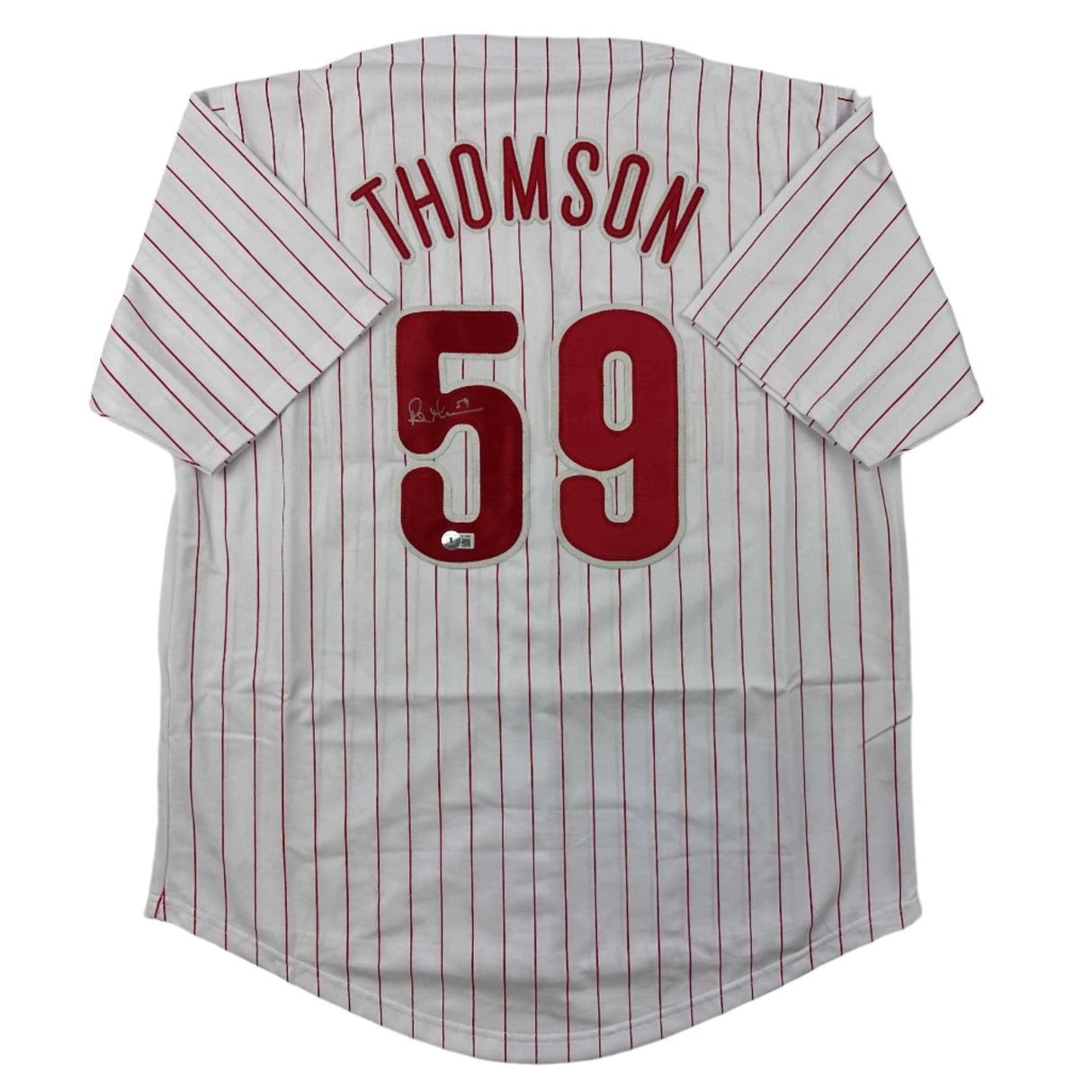 Camiseta de béisbol a rayas de Filadelfia autografiada/firmada por Rob Thomson Beckett BAS COA