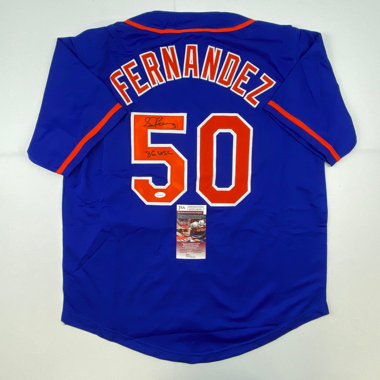 Camiseta de béisbol azul de Nueva York del WSC 86 autografiada y firmada por Sid Fernández (JSA COA)