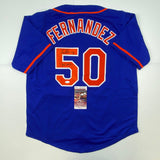 Camiseta de béisbol azul de Nueva York del WSC 86 autografiada y firmada por Sid Fernández (JSA COA)