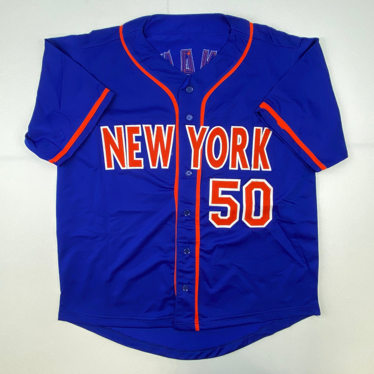 Camiseta de béisbol azul de Nueva York del WSC 86 autografiada y firmada por Sid Fernández (JSA COA)