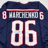 Camiseta de hockey azul Columbus de Kirill Marchenko autografiada/firmada JSA COA