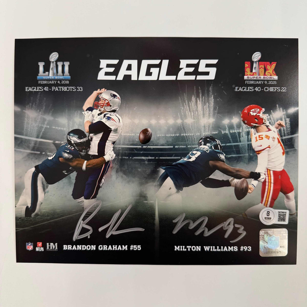 Foto de fútbol americano de 8x10 de los Philadelphia Eagles, autografiada y firmada por Brandon Graham y Milton Williams, campeones del Super Bowl. Beckett BAS COA
