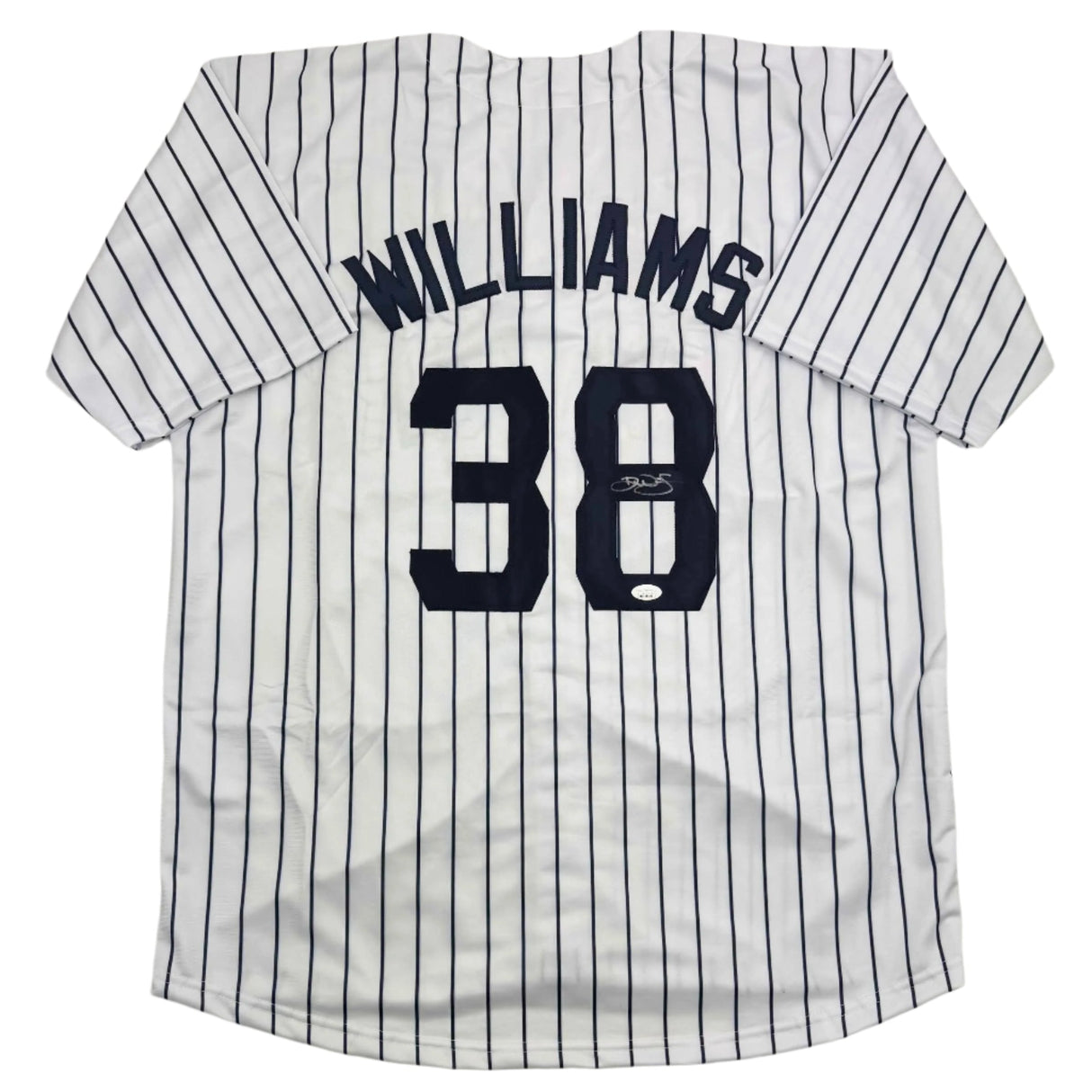 Camiseta de béisbol a rayas de Nueva York autografiada/firmada por Devin Williams (JSA COA)