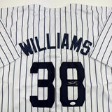Camiseta de béisbol a rayas de Nueva York autografiada/firmada por Devin Williams (JSA COA)